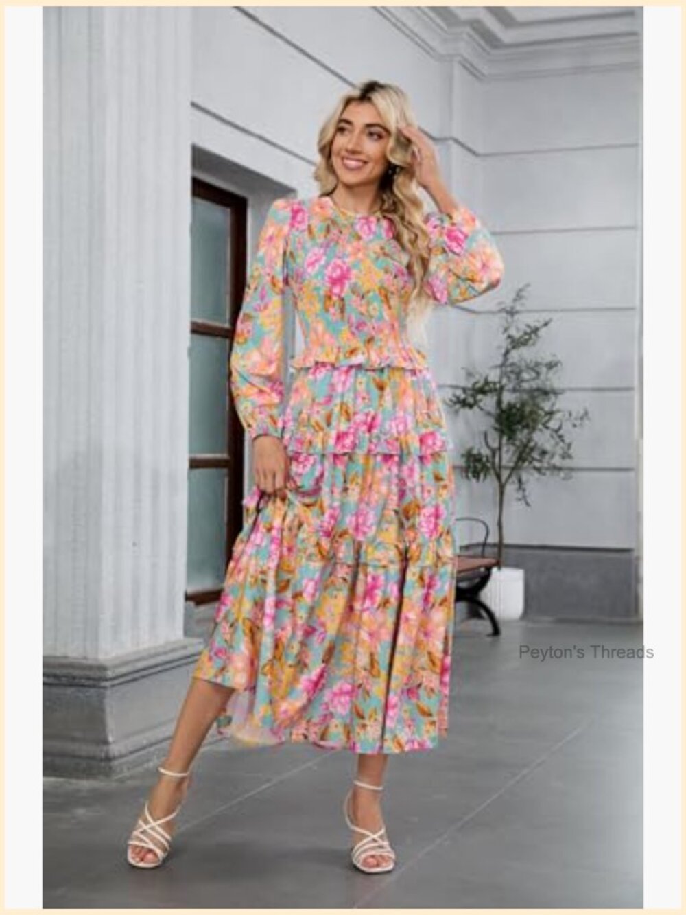 Women's Floral Smocked Maxi Dress Long Puff Sleeve Bohemian Tiered Ruffle - Picture 2 of 7